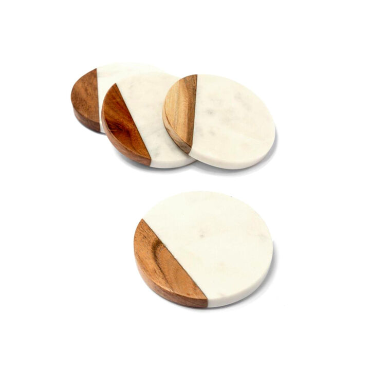 Lexi Home 4 in. White Marble and Wood Accent 4-Pack Coaster Set