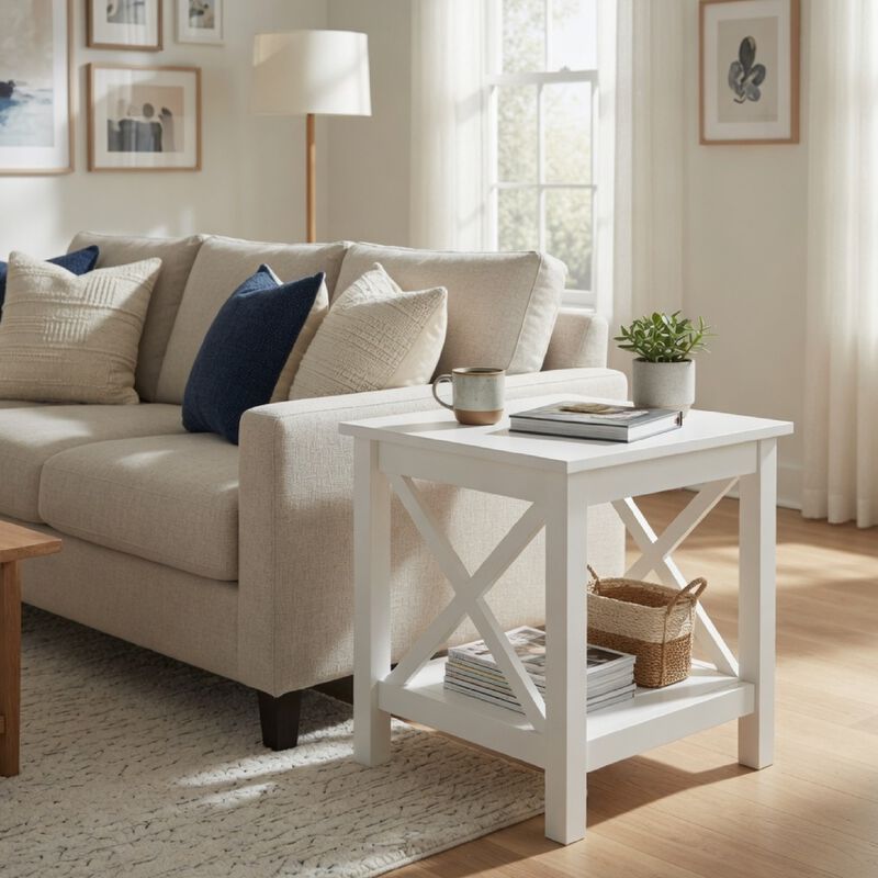 Yuzie Side End Table with Open Shelf, X-Side Frame, White Wood 20 Inch image number 8