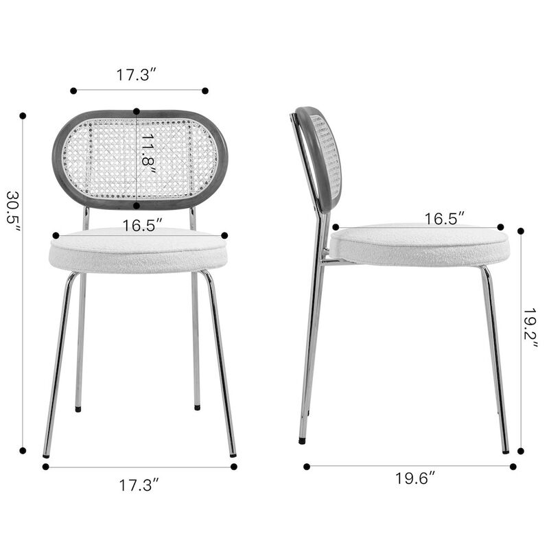 Glamour Home Set of 2 White Boucle Fabric Dining Chair Rattan Backrest and Chrome Legs