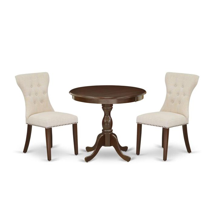 AMGA3-MAH-32 3 Piece Dining Set - 1 Mid Century Dining Table and 2 Light Beige Dining Chairs - Mahogany Finish