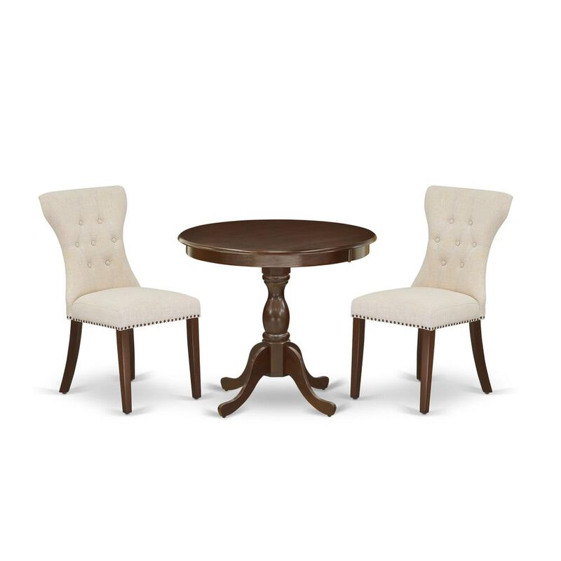 AMGA3-MAH-32 3 Piece Dining Set - 1 Mid Century Dining Table and 2 Light Beige Dining Chairs - Mahogany Finish