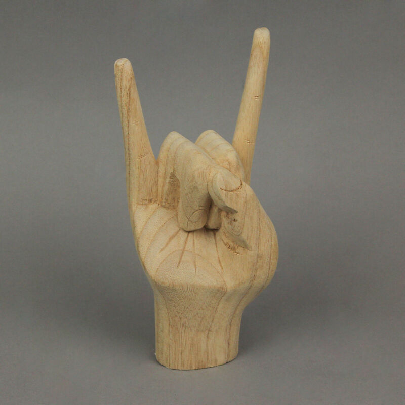Carved Wooden Rock On Devil Horns Hand Gesture Statue Natural Finish Home Decor image number 3