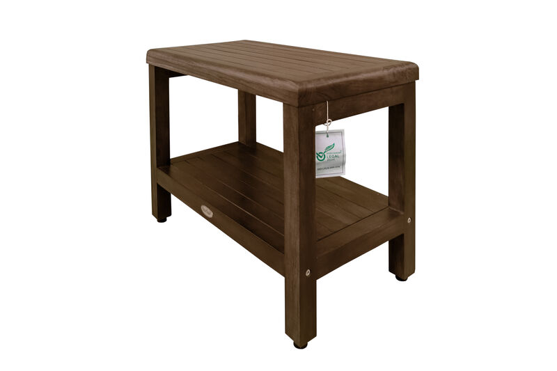 DecoTeak Eleganto 24" Teak Wood Shower Bench with Shelf in Woodland Brown Finish