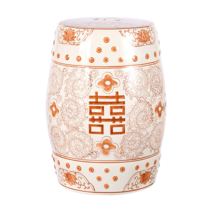 Double Happiness 18" Chinoiserie Ceramic Drum Garden Stool, Orange/White