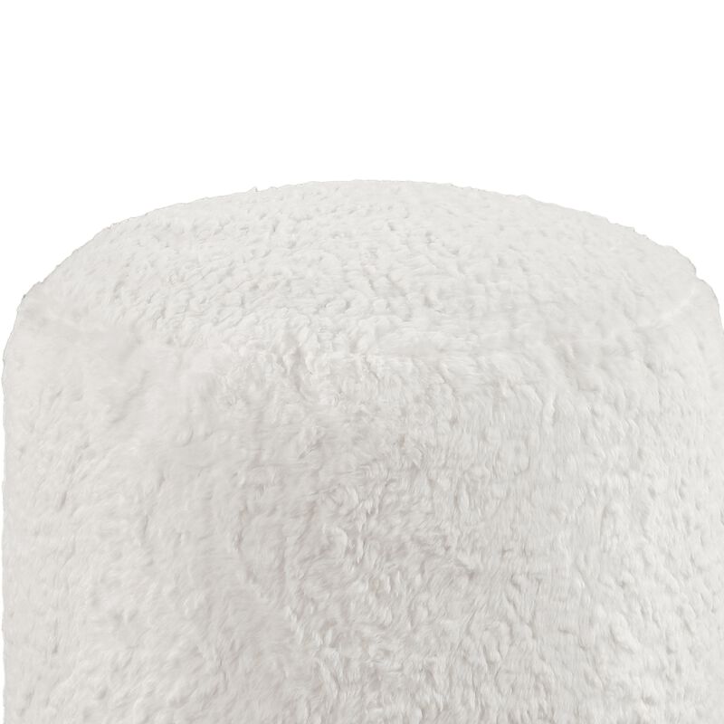Modern Pouf Ottoman, 16 Inch Round w Fluffy Off White Faux Fur Texture