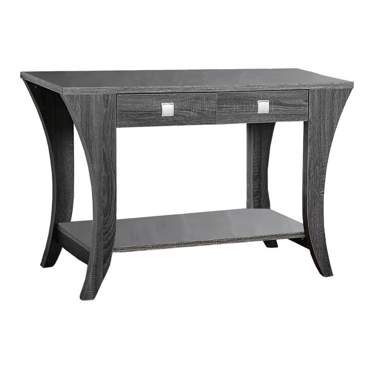 Two Drawers Wooden Sofa Table with Bottom Shelf and Swooping Curled Legs, Gray-Benzara
