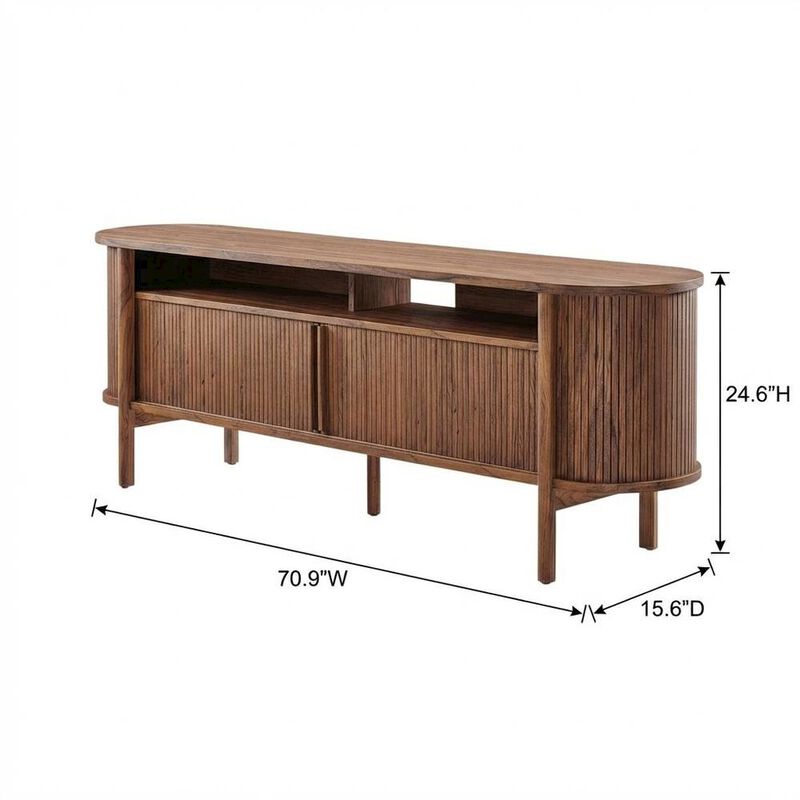 Curved TV Stand in Brown, Rubberwood Solids, Walnut Veneers, Stylish Storage image number 2