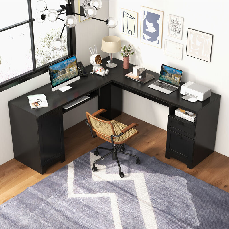 66 Inch L-Shaped Writing Study Workstation Computer Desk with Drawers-Black