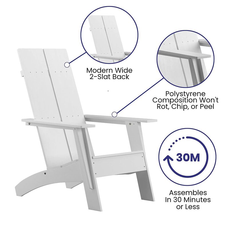 Flash Furniture Sawyer Modern Commercial 2-Slat Back Adirondack Chair - White Commercial All-Weather Poly Resin Lounge Chair