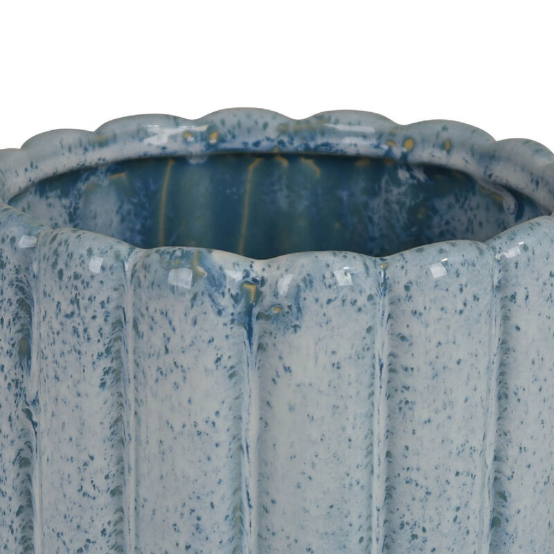 Scalloped Planter, Cylindrical Shape, Speckled Blue Ceramic 11 Inch image number 5