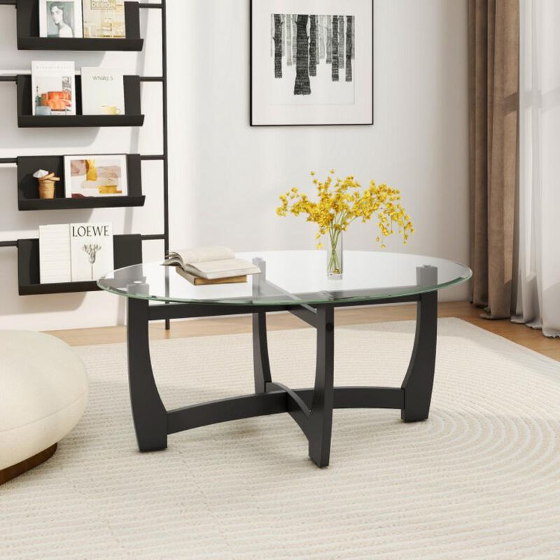 Hivvago Oval Coffee Table with Tempered Glass Tabletop and Rubber Wood Legs