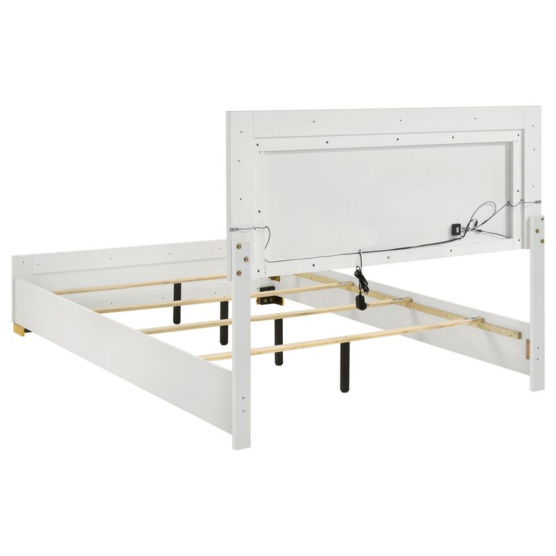 Dex 4 Piece Full Bedroom Set, White, Gold Accents, LED Headboard - Benzara