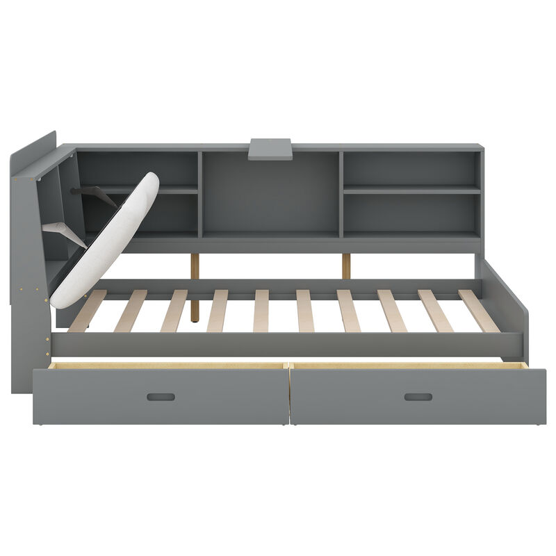 Whisen Wood platform bed with Storage Headboard, Shelves and 2 Drawers