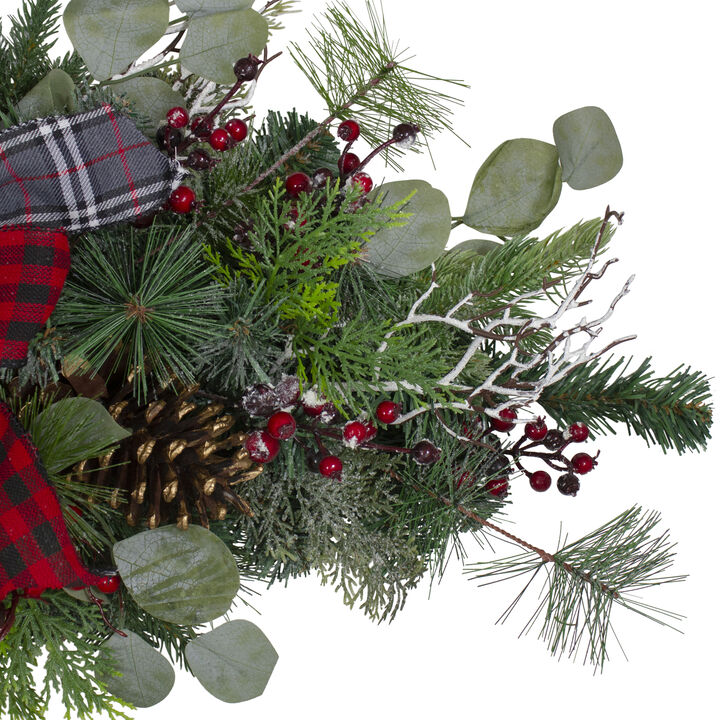 36" Dual Plaid Bows and Red Berries Artificial Christmas Swag - Unlit