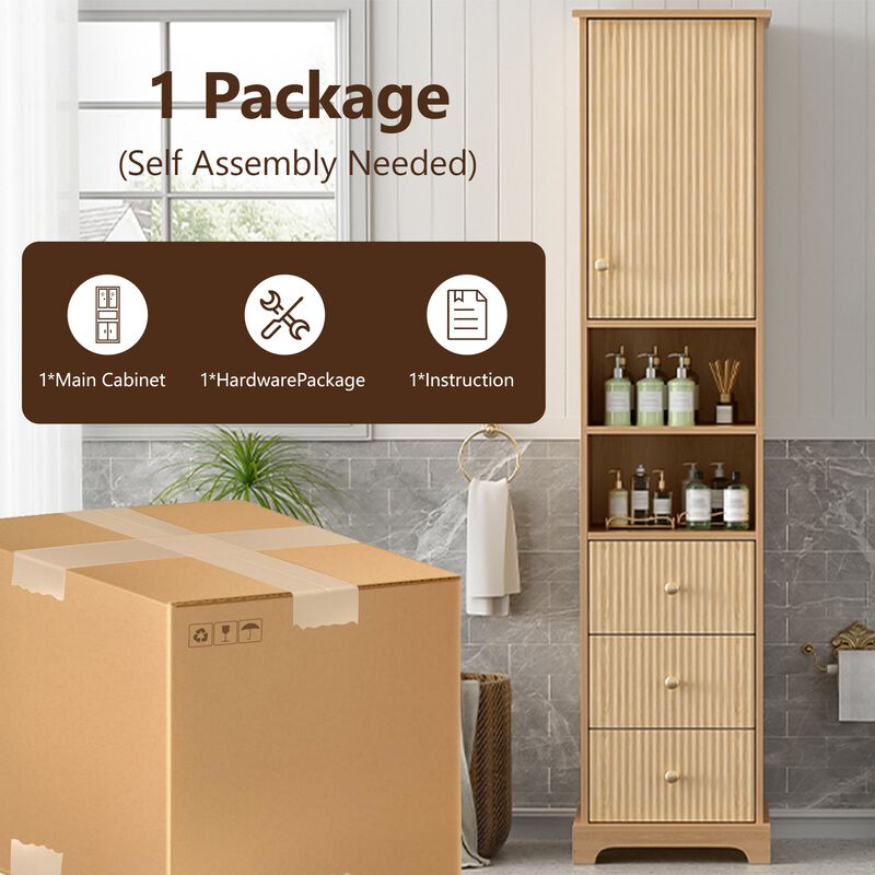 67.7 Inch Tall Freestanding Bathroom Cabinet with Door Adjustable Shelf 3 Drawers and Open Storage Wood Finish with Gold Handles