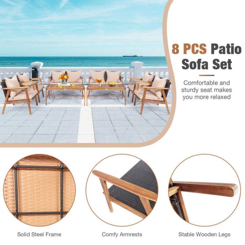 Hivvago 4 Pieces Acacia Wood Patio Rattan Furniture Set with Zippered Cushions