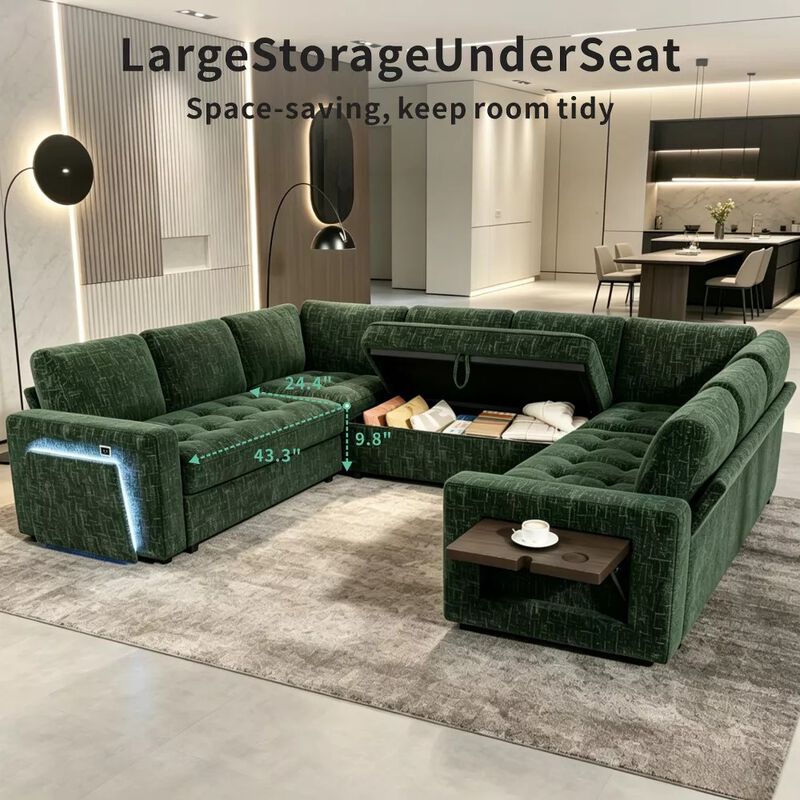 102" 8-Seat U-Shaped Modular Sectional Sleeper Sofa with Pull Out Bed, Chenille Reclining Backrests image number 4