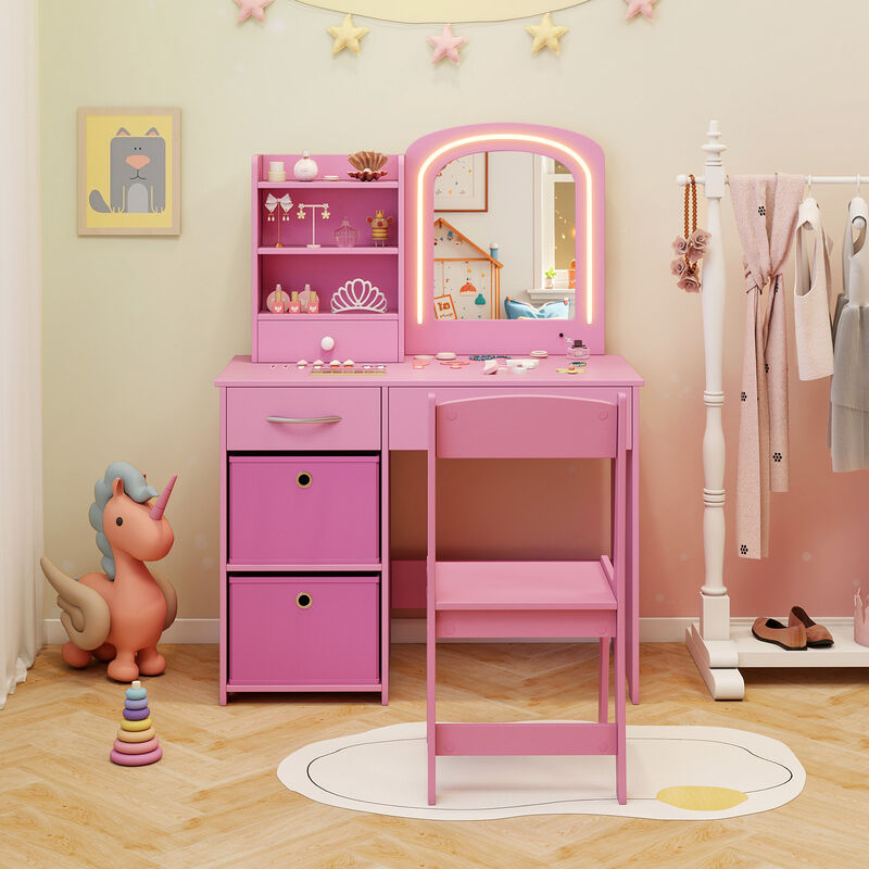 Lighted Mirror Kids Vanity Set with Makeup Desk, Chair, and Storage Drawers