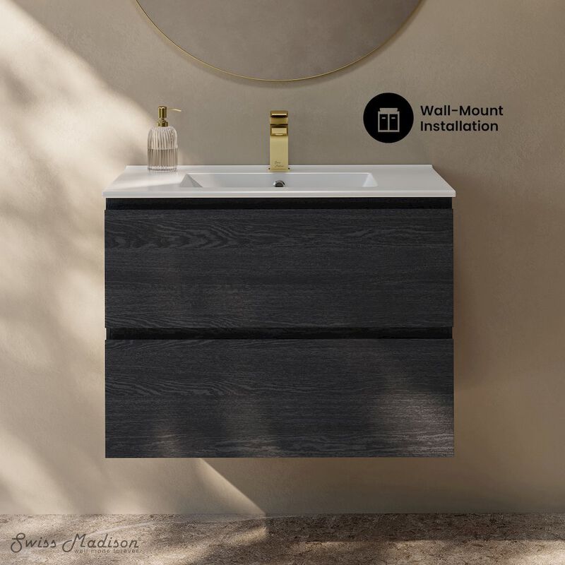 Liberte 30" Wall-Mounted Bathroom Vanity in Black Oak with Sink Top image number 1