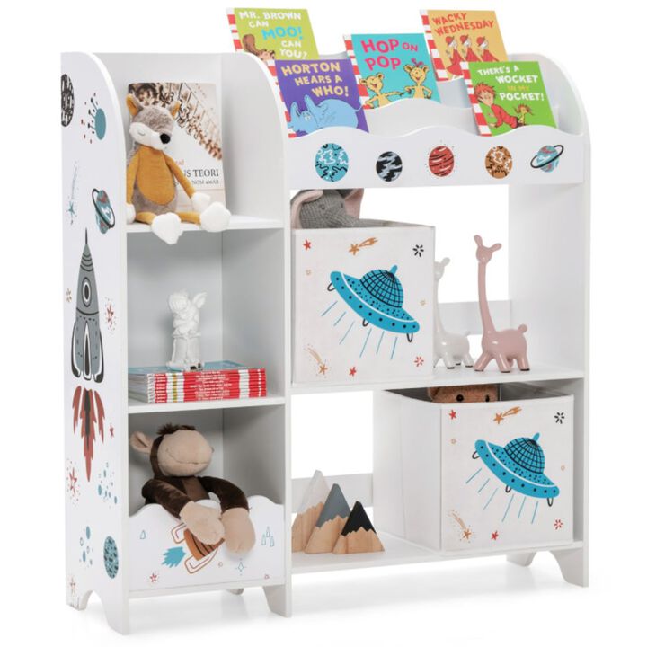 Kids Toy and Book Organizer Children Wooden Storage Cabinet with Storage Bins - Planet