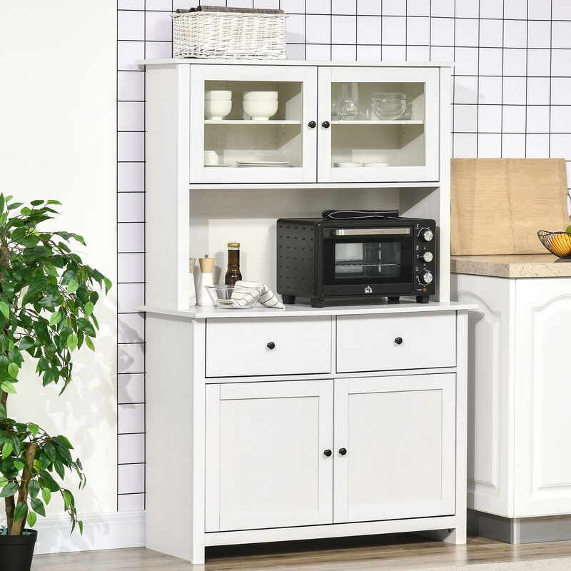 HOMCOM 63.5" Kitchen Buffet with Hutch, Pantry Storage Cabinet with 4 Shelves, Drawers, Framed Glass Doors, Open Microwave Countertop, Antique White
