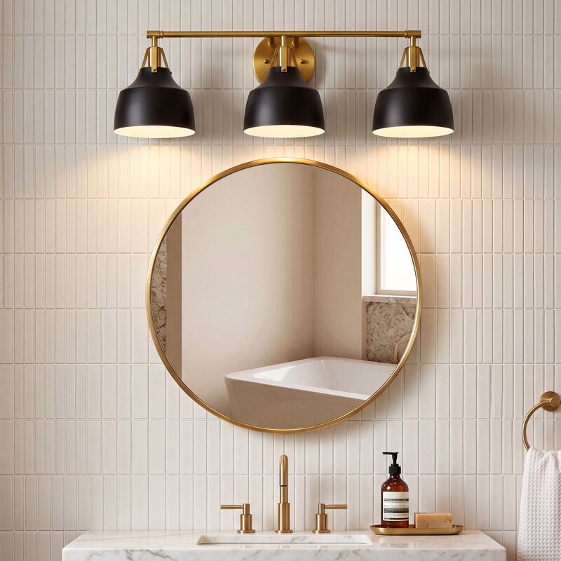 Black and Gold Bathroom Vanity Light, Three-Light Metal Bell Shades image number 3