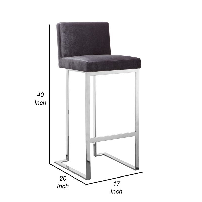 Boly 30 Inch Barstool Chair, Gray Velvet, Foam Cushions, Chrome Steel - Benzara