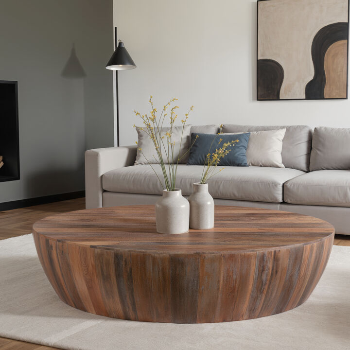 Handcarved Drum Shape Round Top Mango Wood Distressed Wooden coffee Table, Brown(D0102H71U9P)