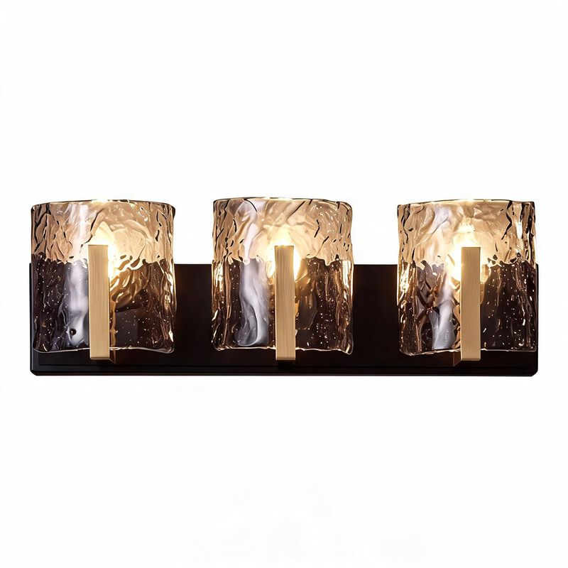 Brass Bathroom Vanity Light, Three-Light Smoky Gray Ripple Glass image number 0