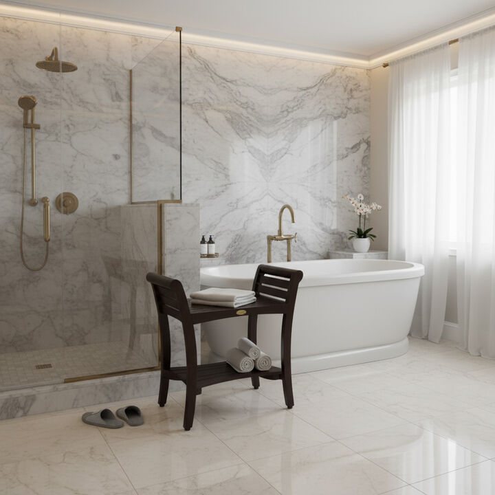 DecoTeak Symmetry 24" Teak Wood Shower Bench with Shelf and LiftAide Arms in Woodland Brown Finish