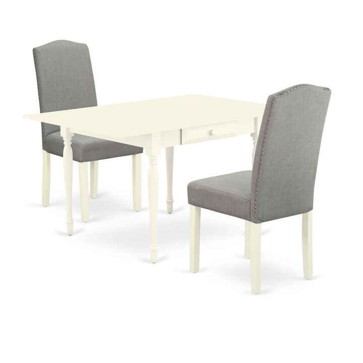 1MZEN3-LWH-06 3Pc Dining Table Set Contains a Wood Dining Table and 2 Parsons Chairs with Shitake Color Linen Fabric, Drop Leaf Table with Full Back Chairs, Linen White Finish