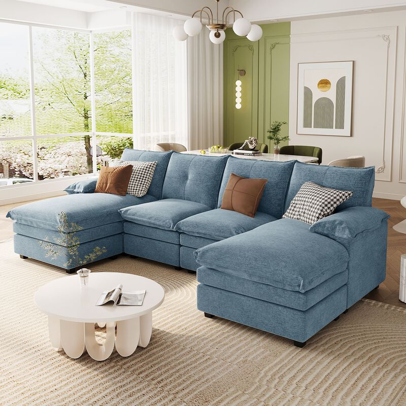 Merax U-Shaped Chenille Sectional Sofa with Adjustable Armrest Pillows.