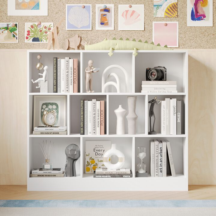 55.1 in. W x 40.9 in. H White Wooden 10-Shelf Freestanding Standard Bookcase Display Bookshelf With Cubes