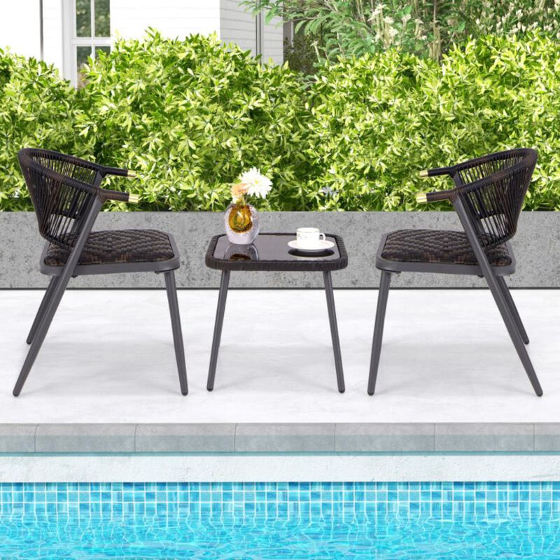 Hivvago 3 Pieces Patio Rattan Furniture Set with Tempered Glass Tabletop for Backyard Poolside