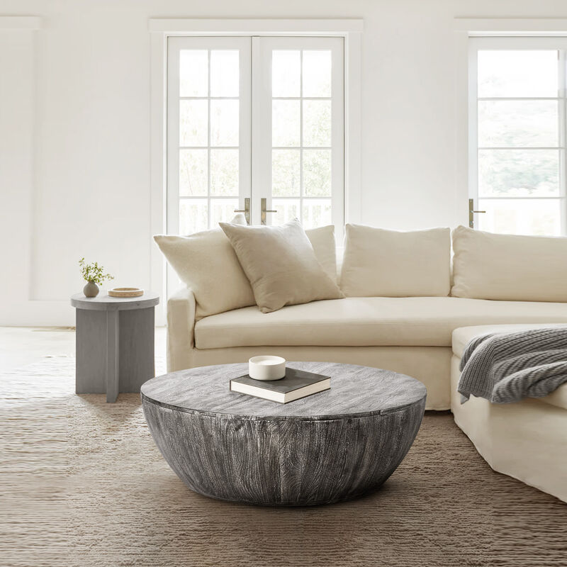 Arthur 36 Inch Farmhouse Style Handcrafted Mango Wood Coffee Table, Round Drum Shape, Sandblasted Black image number 3