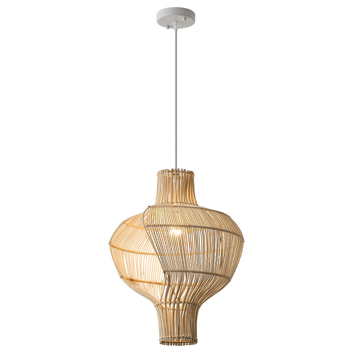 15.7" Boho Modern Natural Handwoven Rattan Gourd-Shaped Pendant Light for Kitchen Island, Living Room and Dining Room