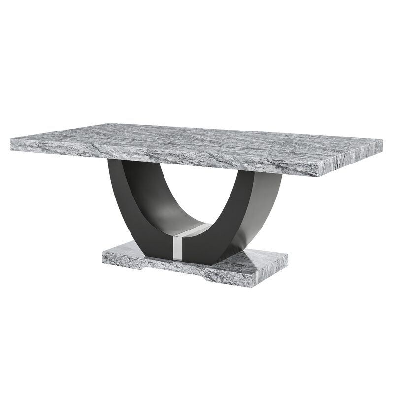 Lira Dining Table, 78 Inch Faux Marble Top, Black U Shaped Pedestal image number 4