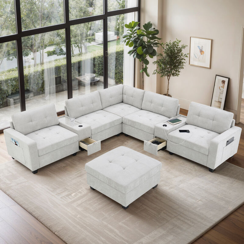 Whisen 104" U-Shaped Chenille Sectional with Consoles, Ottoman, and Charging image number 2