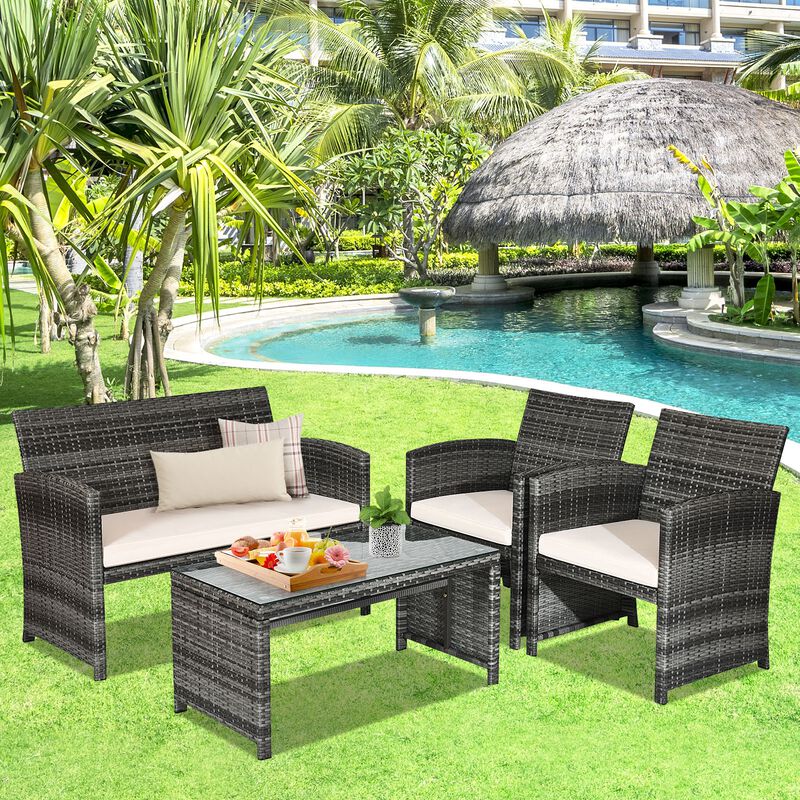 4 Pcs Patio Rattan Furniture Set Top Sofa With Glass Table