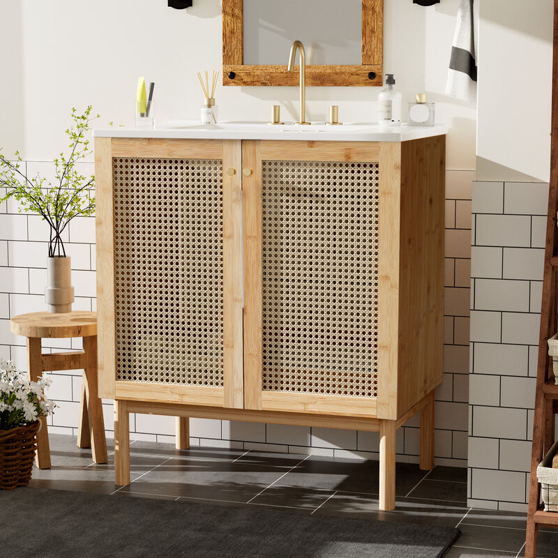 ELEMENT ACE Space-Saving Natural Bamboo Vanity with Handwoven Rattan Doors image number 3