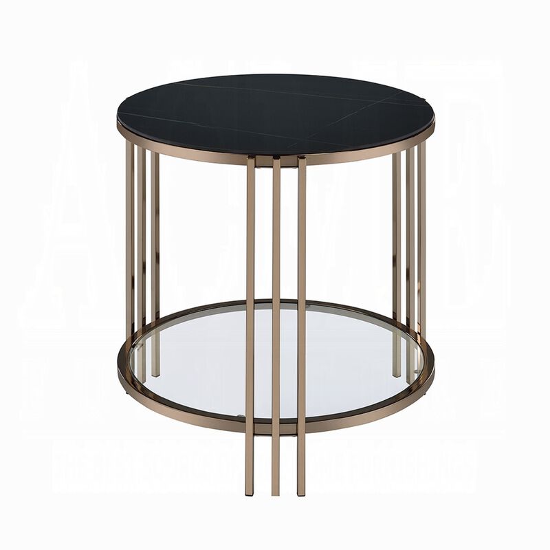 Abio Side End Table, 23 Inch, Round Sintered Stone Top, Black and Gold