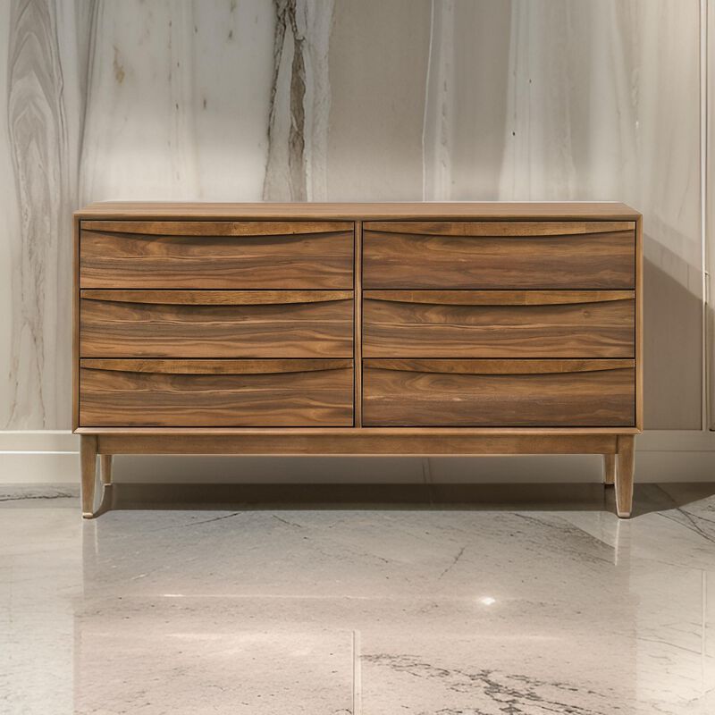 Mian 55 Inch Wide Dresser, 6 Drawer, Linear Undercut Handle, Walnut