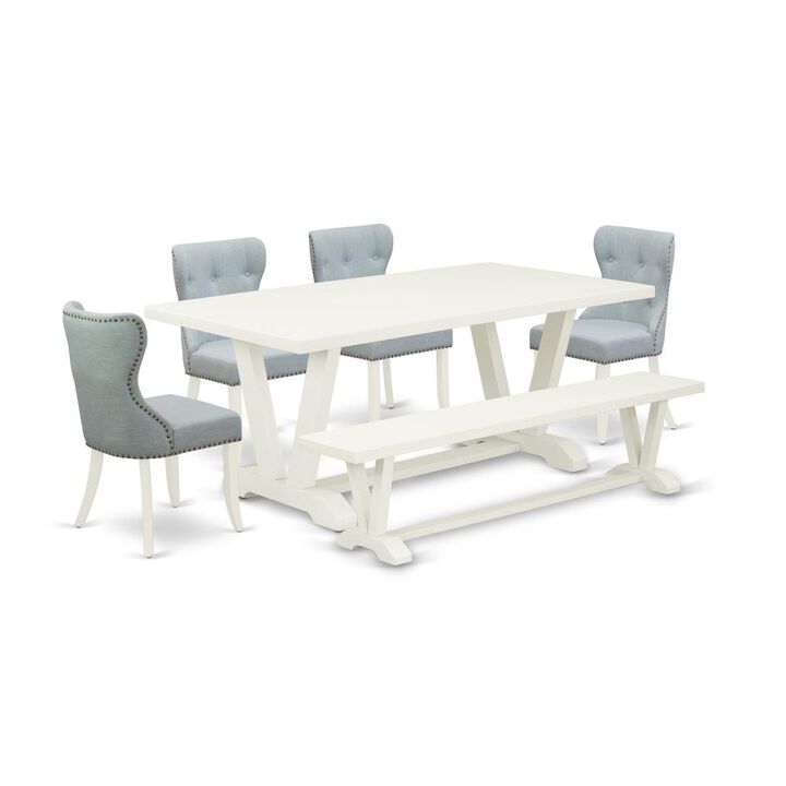 East West Furniture V027SI215-6 6-Pc Dining Table Set- 4 Kitchen Chairs with Baby Blue Linen Fabric Seat and Button Tufted Chair Back - Rectangular Top & Wooden Legs Kitchen Dining table and dining be