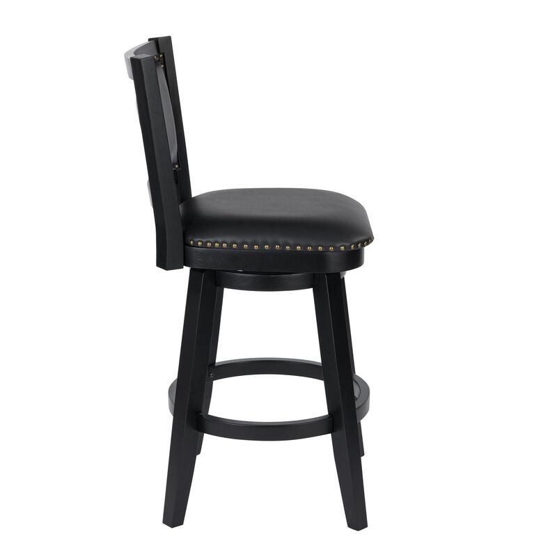 Kera Swivel Barstool Chair, Black Wood, Faux Leather, Nailhead Trim - Benzara