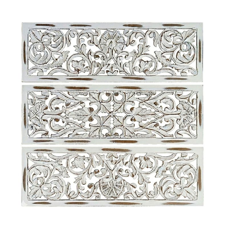 Leva 3pc Wood Wall Decor Set, Moroccan Floral Carving, Antique White Finish, 36 Inch Square image number 2