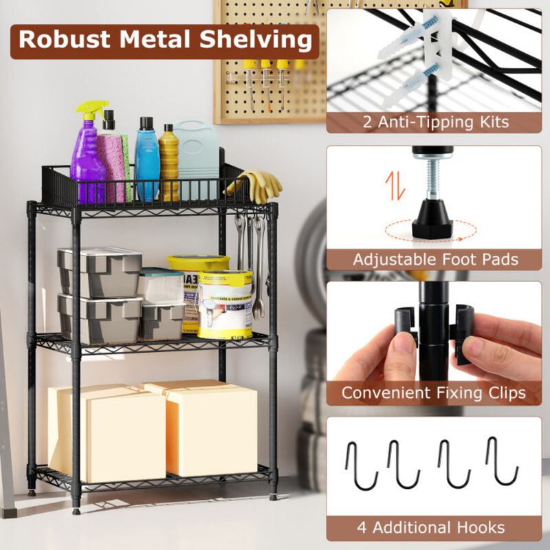3-Tier Metal Storage Shelving Unit 450 LBS Capacity with V-Shaped Wire Rack and Hooks image number 4