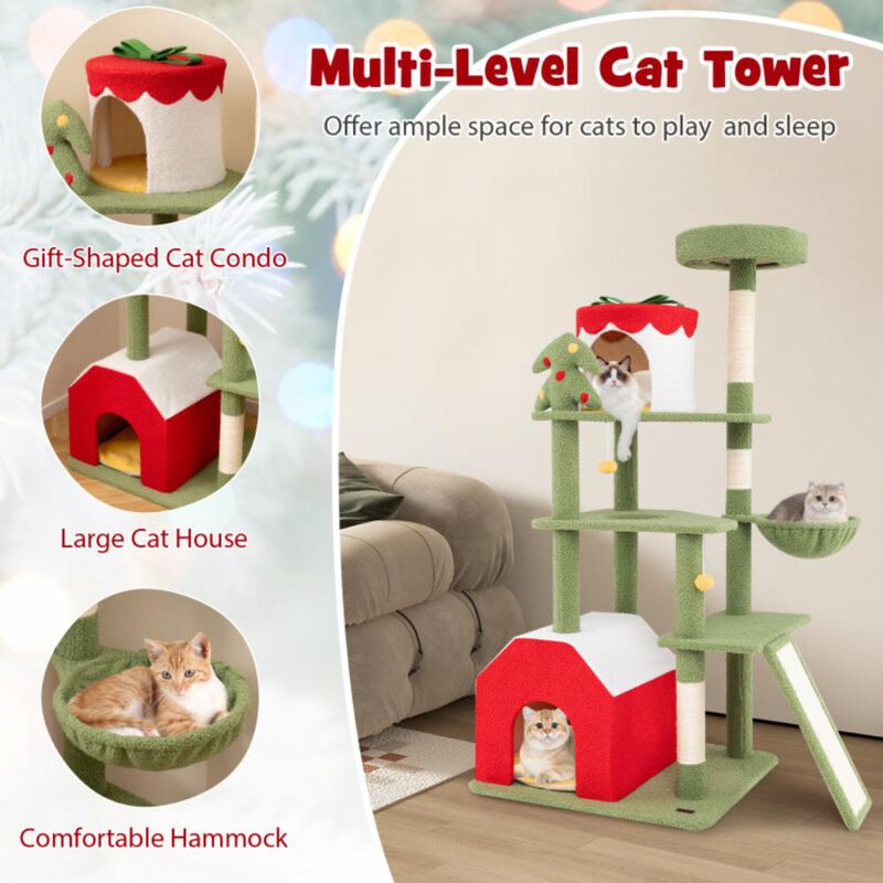 Hivvago 61 Inches Cute Christmas Cat Tree with Sisal Scratching Posts and 2 Condos