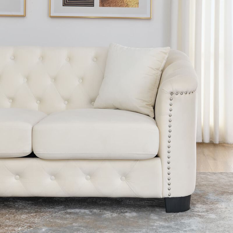 Velvet Chesterfield Sofa Set, Button Tufted Deep Seat Sofa Set with Nailhead Trim, Padded Armrest Couch Set with Throw Pillows image number 6