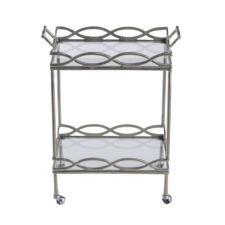 30 Inch Aluminum Bar Cart, 2 Tier Glass Shelves, Dynamic Accents, Silver-Benzara