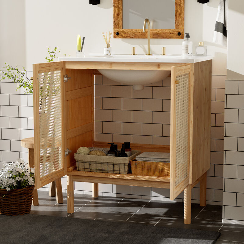 ELEMENT ACE Space-Saving Natural Bamboo Vanity with Handwoven Rattan Doors image number 4
